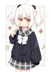 Rule 34 | 1girl, :o, ahoge, black cardigan, black scrunchie, blush, bow, brown eyes, cardigan, commentary, dango, food, grey sailor collar, grey skirt, hair between eyes, hair ornament, hair scrunchie, hairclip, highres, holding, holding food, long sleeves, looking at viewer, nakkar, original, parted lips, plaid, plaid sailor collar, plaid skirt, pleated skirt, puffy long sleeves, puffy sleeves, sailor collar, sanshoku dango, scrunchie, signature, skirt, sleeves past wrists, solo, symbol-only commentary, twintails, wagashi, white background, white bow, white hair, yagasuri