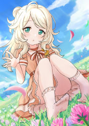 Rule 34 | 1girl, ahoge, blonde hair, blue sky, blurry, blurry foreground, blush, bobby socks, bow, brown bow, brown dress, clothes between thighs, cloud, convenient leg, day, depth of field, dress, dutch angle, eluthel, flower, green eyes, hair bun, hand up, highres, idolmaster, idolmaster cinderella girls, idolmaster cinderella girls starlight stage, long hair, looking at viewer, no shoes, outdoors, parted bangs, parted lips, petals, pink flower, short sleeves, single hair bun, sitting, sky, socks, soles, solo, striped, striped bow, white socks, yusa kozue