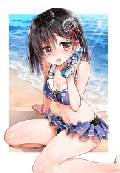 Rule 34 | 10s, 1girl, alternate costume, bare legs, bare shoulders, bikini, black hair, breasts, brown eyes, cleavage, frilled bikini, frills, haguro (kancolle), hair ornament, highres, kantai collection, looking at viewer, medium breasts, minimaru, navel, open mouth, ramune, sand, short hair, solo, sweatdrop, swimsuit, tears, water