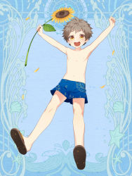 Rule 34 | 1boy, :d, arms up, blue background, blue male swimwear, blue swim trunks, brown eyes, brown hair, child, clenched hands, dairoku ryouhei, flip-flops, floral print, flower, full body, holding, holding flower, l (matador), male focus, male swimwear, navel, open mouth, print male swimwear, print swim trunks, print swimsuit, sandals, simple background, smile, solo, solo focus, sunflower, sunflower print, swim trunks, swimsuit, yellow flower