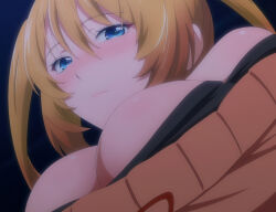 Rule 34 | 1girl, black shirt, blonde hair, blue eyes, blush, breasts, cleavage, hair between eyes, highres, large breasts, mia christoph, orange sweater, screencap, shirt, shirt under sweater, short twintails, sidelocks, stitched, sweater, temple (series), third-party edit, twintails