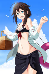 Rule 34 | 10s, 1girl, :d, adapted costume, ahoge, animal, basket, basketbikini top, bikini, bikini top only, bird, black ribbon, blue eyes, blue sky, blush, box, braid, breasts, brown hair, cleavage, cloud, collarbone, cowboy shot, day, flying, front braid, groin, hair between eyes, hair flaps, hair ornament, hair over shoulder, hairpin, holding, holding box, innertube, kantai collection, long hair, long sleeves, looking at viewer, lunchbox, midriff, navel, open clothes, open mouth, open shirt, outdoors, red ribbon, ribbon, sarong, shigure (kancolle), shigure kai ni (kancolle), shirt, shirt down, shiseki hirame, side slit, single braid, sky, small breasts, smile, solo, standing, stomach, swim ring, swimsuit, tareme, white shirt