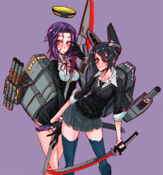 Rule 34 | 10s, 2girls, bad id, bad pixiv id, between breasts, black gloves, black legwear, blush, breasts, dress, eyepatch, fingerless gloves, gloves, halo, headgear, holding, holding sword, holding weapon, kantai collection, katana, looking at viewer, mechanical halo, multiple girls, nayutarou (nyt kag), necktie, polearm, purple eyes, purple hair, skirt, smile, sword, tatsuta (kancolle), tenryuu (kancolle), thighhighs, torn clothes, turret, weapon, yellow background
