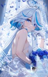 Rule 34 | 1girl, ahoge, back, backless dress, backless outfit, bare shoulders, blue eyes, blue flower, blue hair, blue rose, bouquet, breasts, bridal veil, bride, church, dress, drop-shaped pupils, flower, from side, furina (genshin impact), genshin impact, gloves, hair between eyes, heterochromia, highres, holding, holding bouquet, light blue hair, long hair, looking at viewer, mismatched pupils, multicolored hair, rose, shuimonianhua, sideboob, small breasts, smile, solo, symbol-shaped pupils, tiara, veil, wedding dress, white dress, white gloves, white hair