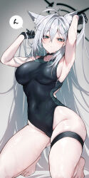 Rule 34 | 1girl, aged up, animal ear fluff, animal ears, armpits, arms up, black gloves, black one-piece swimsuit, blue archive, blue eyes, breasts, broken halo, cleavage, collarbone, covered navel, cross hair ornament, danimaru, extra ears, gloves, grey hair, hair ornament, halo, highleg, highleg swimsuit, highres, kneeling, large breasts, long hair, looking at viewer, one-piece swimsuit, shiroko (blue archive), shiroko (swimsuit) (blue archive), shiroko terror (blue archive), solo, swimsuit, thigh strap, thighs, wet, wolf ears