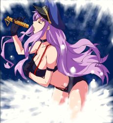 Rule 34 | 00s, 1girl, amami amayu, breasts, choker, cleavage, closed eyes, gloves, hat, large breasts, leaning forward, long hair, macross, macross frontier, microphone, music, oekaki, open mouth, peaked cap, purple hair, sheryl nome, short shorts, shorts, singing, solo, strapless, tube top, very long hair