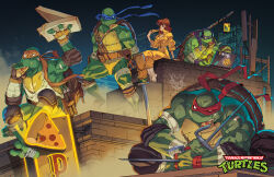 Rule 34 | 1girl, 4boys, april o&#039;neil, armband, bandaid, bandaid on cheek, bandaid on face, bandana, blue mask, boots, breasts, brown hair, city lights, cityscape, cleavage, commentary, computer, donatello (tmnt), english commentary, fingerless gloves, food, full body, gloves, green scales, headphones, highres, holding, holding food, jumpsuit, katana, knee pads, laptop, leonardo (tmnt), male focus, mask, metalhanzo, michelangelo (tmnt), mouth hold, multiple boys, multiple scars, muscular, muscular male, neon lights, new york city, night, ninja, nunchaku, on roof, orange sash, pepperoni, pizza, pizza slice, purple mask, raphael (tmnt), red mask, reptile, reptile boy, rooftop, sai (weapon), scales, scar, scenery, shell, staff, sword, teenage mutant ninja turtles, teeth, turtle, turtle shell, upper teeth only, weapon, western comics (style), white eyes, white footwear, yellow jumpsuit