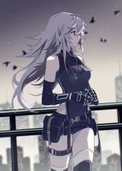 Rule 34 | 1girl, ahoge, belt, belt pouch, bird, black shirt, black thighhighs, cleavage cutout, clothing cutout, commandant (punishing: gray raven), connie (expuella), dog tags, grey eyes, grey hair, hair between eyes, id card, long hair, mao (expuella), mechanical arms, messy hair, multiple belts, original, pouch, punishing: gray raven, railing, shirt, sleeveless, sleeveless shirt, solo, star (sky), thigh strap, thighhighs