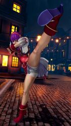 Rule 34 | 1girl, absurdres, alternate hairstyle, asamiya athena, boots, bow, breasts, chinese clothes, clenched hand, fingerless gloves, flexible, gloves, hair bow, hairband, high kick, highres, kicking, legs, looking at viewer, medium breasts, night, purple eyes, purple hair, serious, short hair, shorts, sideboob, snk, the king of fighters, the king of fighters xv, thighs
