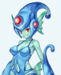 Rule 34 | 1girl, artist request, bare shoulders, breasts, clothing cutout, colored skin, curvy, digimon, facial mark, fang, fangs, fins, fish girl, frog girl, green skin, helmet, highres, looking at viewer, navel cutout, no humans, one-piece swimsuit, ranamon, red eyes, shiny clothes, shiny skin, smile, swimsuit, wide hips