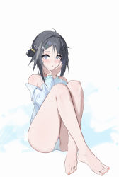 Rule 34 | 1girl, :o, absurdres, arknights, bare legs, bare shoulders, barefoot, bikini, bikini under clothes, black hair, blue eyes, blush, crossed ankles, full body, grey jacket, hair bun, hair ornament, hairclip, hand on own cheek, hand on own face, heart, heart-shaped pupils, highres, invisible chair, jacket, knees up, la pluma (arknights), la pluma (summer flowers) (arknights), long sleeves, looking at viewer, nail polish, off shoulder, official alternate costume, orange nails, parted lips, sawaki ken, short hair, simple background, single side bun, sitting, solo, swimsuit, symbol-shaped pupils, toenail polish, toenails, white background, white bikini