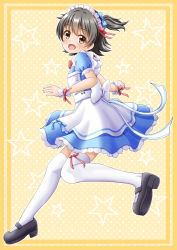 Rule 34 | 1girl, :d, akagi miria, apron, black footwear, black hair, blue bow, blue dress, blush, bow, brown eyes, commentary request, dress, frilled apron, frilled dress, frills, hair between eyes, hair bow, head tilt, highres, idolmaster, idolmaster cinderella girls, looking at viewer, looking to the side, maid, maid apron, maid headdress, mary janes, open mouth, polka dot, polka dot background, puffy short sleeves, puffy sleeves, red bow, red ribbon, regular mow, ribbon, running, shoes, short sleeves, smile, solo, star (symbol), starry background, tareme, thighhighs, two side up, white apron, white bow, white thighhighs, wrist cuffs, yellow background