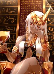 Rule 34 | 1girl, armlet, bracelet, breasts, commentary request, cup, dark-skinned female, dark skin, earrings, eyes visible through hair, full-body tattoo, gem, gold, hand on own face, hayabusa aoi, highres, horns, jewelry, mixed-language commentary, necklace, orange eyes, original, pointy ears, ring, signature, single horn, sitting, smile, tattoo, throne, underboob, white hair
