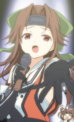 Rule 34 | 10s, 2girls, bad id, bad pixiv id, black gloves, brown eyes, brown hair, double bun, elbow gloves, engiyoshi, forehead protector, gloves, holding, jintsuu (kancolle), kantai collection, long hair, looking at viewer, microphone, multiple girls, music, naka (kancolle), open mouth, school uniform, serafuku, short hair, singing, two side up