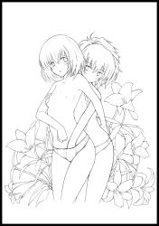 Rule 34 | 2girls, ass, ass grab, bad id, blush, border, braid, breasts, darker than black, fingering, flat chest, floral background, flower, grabbing, grabbing another&#039;s breast, greyscale, hand in panties, hand in pants, hippos, lily (flower), lineart, monochrome, multiple girls, nipples, open mouth, panties, panties only, short hair, simple background, single braid, small breasts, suou pavlichenko, topless, underwear, underwear only, yin (darker than black), yuri