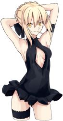 Rule 34 | 1girl, arm strap, armpits, arms behind head, artoria pendragon (alter swimsuit rider) (fate), artoria pendragon (alter swimsuit rider) (first ascension) (fate), artoria pendragon (fate), bare arms, bare shoulders, black one-piece swimsuit, black ribbon, blonde hair, blush, breasts, breasts apart, casual one-piece swimsuit, cleavage cutout, clothing cutout, contrapposto, covered navel, cowboy shot, cropped legs, fate/grand order, fate (series), gluteal fold, groin, hair ribbon, highres, looking at viewer, medium breasts, mouth hold, one-piece swimsuit, popsicle stick, ribbon, short hair, sidelocks, simple background, solo, standing, swimsuit, swimsuit skirt, thigh strap, tsurime, white background, yellow eyes, yuchio