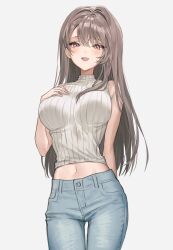 Rule 34 | 1girl, bare arms, bare shoulders, blue pants, breasts, brown hair, cowboy shot, crop top, denim, fymrie, hand on own chest, hand up, large breasts, long hair, looking at viewer, midriff, navel, open mouth, original, pants, red eyes, ribbed shirt, shirt, simple background, sleeveless, sleeveless shirt, sleeveless turtleneck, smile, solo, stomach, turtleneck, white background, white shirt