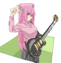Rule 34 | 1girl, absurdres, arms up, blue eyes, bocchi the rock!, cube hair ornament, electric guitar, gibson les paul, gotoh hitori, grey skirt, guitar, hair between eyes, hair ornament, highres, holding, holding instrument, instrument, jacket, long hair, long sleeves, looking at viewer, pink hair, pink jacket, pleated skirt, skirt, solo, tanakasan1199, track jacket, upper body, white background