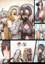 Rule 34 | 1boy, 3girls, absurdly long hair, ahoge, black gloves, blonde hair, blush, bodysuit, breasts, brown hair, cleavage, colonel sanders, comic, faceless, faceless male, fate/grand order, fate (series), flying sweatdrops, fujimaru ritsuka (male), fujimaru ritsuka (male) (chaldea combat uniform), ginhaha, gloves, hand to own mouth, headpiece, jeanne d&#039;arc (fate), jeanne d&#039;arc (ruler) (fate), jeanne d&#039;arc (third ascension) (fate), jeanne d&#039;arc alter (avenger) (fate), jeanne d&#039;arc alter (avenger) (third ascension) (fate), jeanne d&#039;arc alter (fate), jeanne d&#039;arc alter santa lily (fate), long hair, medium breasts, multiple girls, official alternate costume, purple eyes, ronald mcdonald, shaded face, short hair, silver hair, smile, very long hair, yellow eyes