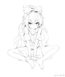 Rule 34 | 1girl, absurdres, bangle, bare legs, barefoot, bow, bracelet, chen bin, closed mouth, debt, drawstring, feet, full body, greyscale, hair between eyes, hair bow, highres, hood, hoodie, jewelry, long hair, looking at viewer, miniskirt, monochrome, simple background, sitting, sketch, skirt, solo, toes, touhou, very long hair, watermark, weibo logo, weibo watermark, white background, yorigami shion