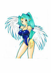 Rule 34 | 1girl, bare shoulders, breasts, duel monsters, female focus, fujikusa, green hair, harpie queen, harpy, highres, large breasts, long hair, looking at viewer, monster girl, one-piece swimsuit, pointy ears, ponytail, smile, swimsuit, traditional media, yellow eyes, yu-gi-oh!