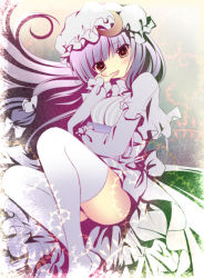 Rule 34 | 1girl, bad id, bad pixiv id, book, hugging book, breasts, crescent, female focus, finger sucking, finger to mouth, hat, holding, holding book, jpeg artifacts, kino (kino konomi), kino konomi, long hair, hugging object, orange eyes, patchouli knowledge, purple eyes, purple hair, sitting, solo, thighhighs, touhou, white thighhighs