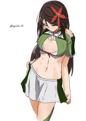 Rule 34 | 10s, 1girl, amagi (kancolle), breasts, brown eyes, brown hair, cleavage cutout, clothing cutout, embarrassed, enoshito, flower, hair flower, hair ornament, kantai collection, large breasts, long hair, looking down, midriff, miniskirt, mole, mole under eye, navel, ponytail, short sleeves, sketch, skirt, solo