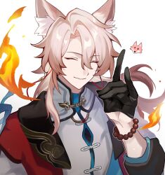 Rule 34 | 1boy, absurdres, animal ear fluff, animal ears, bead bracelet, beads, black gloves, bracelet, chinese clothes, closed eyes, commentary, fire, fox ears, fox shadow puppet, gloves, half gloves, highres, honkai: star rail, honkai (series), jacket, jewelry, jiaoqiu (honkai: star rail), long hair, looking at viewer, male focus, pink hair, plus q, red jacket, shirt, simple background, smile, solo, symbol-only commentary, upper body, white background, white shirt