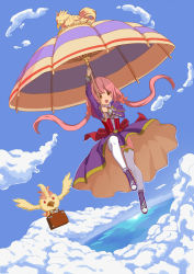 Rule 34 | 1girl, animal, bird, ccarrot, commentary request, day, flying, highres, long hair, ocean, original, pink hair, sky, solo, twintails, umbrella, yellow eyes