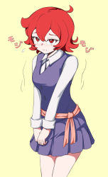 Rule 34 | 1girl, ahoge, blush, bright pupils, collared shirt, cowboy shot, dress, embarrassed, flying sweatdrops, highres, little witch academia, looking away, motion lines, nose blush, orinpachu, own hands together, pinafore dress, purple dress, red hair, shiny chariot, shirt, short hair, simple background, sleeveless dress, solo, standing, translation request, v arms, white shirt, wing collar, yellow background