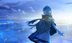 Rule 34 | 1girl, backlighting, blue theme, bracelet, cloud, closed eyes, fantasy, horizon, jewelry, lens flare, light rays, loundraw, open mouth, original, outstretched arms, scarf, shawl, short hair, signature, sky, solo, star (sky), sunlight, wind