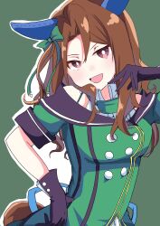 Rule 34 | 1girl, absurdres, animal ears, black gloves, brown hair, dress, ear covers, gloves, green background, green dress, green theme, highres, horse ears, horse girl, horse tail, king halo (umamusume), looking at viewer, mousouko48, off-shoulder dress, off shoulder, short sleeves, smile, solo, tail, umamusume