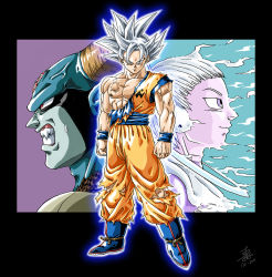 Rule 34 | 3boys, abs, angry, artist request, aura, blue skin, clenched teeth, colored skin, dated, dragon ball, dragon ball super, expressionless, fighting, forehead jewel, full body, fur, grin, horns, injury, looking at another, looking at viewer, looking to the side, merus (dragon ball), moro (dragon ball), multiple boys, muscular, no humans, pointy ears, red eyes, scar, serious, silver hair, simple background, smile, son goku, spiked hair, standing, sweat, teeth, torn clothes, ultra instinct, uniform, upper body