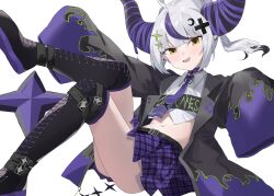 Rule 34 | 1girl, absurdres, ahoge, belt, black belt, black footwear, black jacket, boots, breasts, choker, clothes writing, collared shirt, crescent, crescent hair ornament, cropped shirt, cross hair ornament, demon horns, ear piercing, evening rabbit, flame print, grey hair, hair ornament, highres, hololive, horns, jacket, la+ darknesss, la+ darknesss (casual), looking at viewer, multicolored hair, navel, necktie, official alternate costume, open mouth, piercing, pleated skirt, pointy ears, purple choker, purple hair, purple necktie, purple shirt, shirt, short hair, skirt, sleeves past fingers, sleeves past wrists, small breasts, smile, solo, streaked hair, thigh boots, transparent background, virtual youtuber, yellow eyes