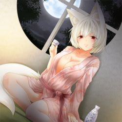 Rule 34 | 1girl, alternate costume, animal ears, arm at side, breasts, choko (cup), cleavage, collarbone, commentary request, cup, dutch angle, full moon, head tilt, holding, holding cup, indoors, inubashiri momiji, japanese clothes, kimono, large breasts, leaf print, long sleeves, looking at viewer, lowres, moon, moonlight, night, night sky, open clothes, open kimono, pink kimono, red eyes, sash, short hair, silver hair, sitting, sky, solo, star (sky), starry sky, tail, tokkuri, touhou, wide sleeves, window, wolf ears, wolf tail, yokozuwari, yua (checkmate)