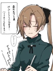Rule 34 | 1girl, akigumo (kancolle), brown hair, commentary request, closed eyes, fujisaki (si da), green sweater, hair ribbon, highres, kantai collection, long hair, official alternate costume, pen, ponytail, ribbon, simple background, solo, sweater, upper body, white background, writing