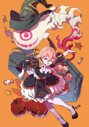 Rule 34 | 1girl, black footwear, black headwear, bow, candy, candy wrapper, check copyright, clothing cutout, coffin, copyright request, demon wings, dress, fang, fire, fire, food, frilled dress, frills, ghost, halloween, hat, highres, jack-o&#039;-lantern, large hat, long hair, mini wings, one eye closed, open mouth, orange background, orange bow, pink fire, pink hair, ponytail, puffy sleeves, pumpkin, purple fire, red eyes, sdorica, simple background, skin fang, smile, star (symbol), thighhighs, tongue, torn, torn wings, ume (yume uta da), vampire, white thighhighs, wings, witch hat, wrapped candy