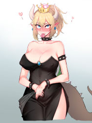 Rule 34 | 1girl, bad id, bad pixiv id, bare shoulders, black dress, blonde hair, blue eyes, blush, bowsette, bracelet, breasts, cleavage, collar, condom, covered erect nipples, cowboy shot, crown, dress, earrings, hair between eyes, heart, heart-shaped pupils, highres, horns, jewelry, large breasts, mario (series), nail polish, new super mario bros. u deluxe, nintendo, open mouth, own hands together, pointy ears, ratatatat74, solo, spiked bracelet, spiked collar, spikes, super crown, symbol-shaped pupils