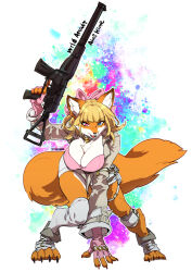 Rule 34 | 1girl, akai hime (wild assault), animal ears, artist name, blonde hair, body fur, bow, breasts, character name, cleavage, copyright name, fingerless gloves, folding stock, fox ears, fox girl, fox tail, furry, furry female, gloves, gun, hair bow, heterochromia, holding, holding gun, holding weapon, jacket, long sleeves, looking at viewer, medium hair, paint splatter, pink eyes, shirt, shorts, solo, tail, teko (tawake), thigh strap, weapon, wild assault