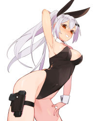 Rule 34 | 1girl, animal ears, arm up, armpits, beijuu, blush, breasts, brown eyes, cleavage, fake animal ears, five-seven (girls&#039; frontline), fn five-seven, girls&#039; frontline, grin, gun, handgun, highres, holster, large breasts, leotard, long hair, looking at viewer, pdw-caliber pistol, playboy bunny, rabbit ears, silver hair, smile, solo, standing, thigh holster, thigh strap, tokarev (girls&#039; frontline), very long hair, weapon, white background