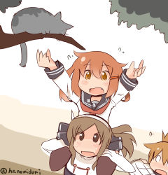 Rule 34 | 10s, 3girls, anchor symbol, ashigara (kancolle), brown eyes, brown hair, carrying, cat, fang, hair ornament, hairband, hairclip, hanomido, highres, ikazuchi (kancolle), inazuma (kancolle), kantai collection, multiple girls, open mouth, outstretched arms, school uniform, serafuku, short hair, shoulder carry, simple background, sitting on shoulder, tree, twitter username, worried