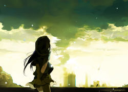 Rule 34 | 1girl, arms behind back, floating hair, long hair, original, piano (agneschen), scenery, smoke, solo, standing