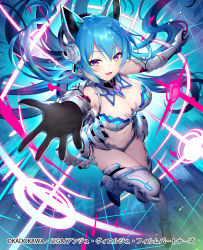 Rule 34 | 1girl, ange vierge, animal ears, armor, armpits, asymmetrical gloves, bare shoulders, bikini armor, black gloves, blue hair, breasts, cleavage, detached collar, elbow gloves, fake animal ears, floating hair, foreshortening, gel (chiericyan), gloves, headphones, large breasts, long hair, looking at viewer, mismatched gloves, navel, official art, open mouth, outstretched arms, purple eyes, reaching, reaching towards viewer, revealing clothes, smile, solo, stomach, thighhighs, thighs, very long hair, white gloves, white thighhighs