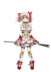 Rule 34 | 10s, 1girl, bubble skirt, gun, kaname madoka, magical girl, magical musket, mahou shoujo madoka magica, mahou shoujo madoka magica (anime), pink eyes, pink hair, short hair, short twintails, simple background, skirt, solo, thor (pixiv240171), twintails, weapon, white background