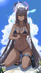 Rule 34 | 1girl, ahoge, bad id, bad twitter id, bare arms, bare shoulders, bikini, black footwear, black hair, blue archive, blue sky, blush, bottle, breasts, closed mouth, cloud, cloudy sky, dark-skinned female, dark skin, full body, gaitoou, hair between eyes, halo, halterneck, holding, holding bottle, karin (blue archive), large breasts, long hair, looking at viewer, micro bikini, navel, off shoulder, sandals, sidelocks, sky, slippers, solo, stomach, swimsuit, thigh strap, toes, very long hair, water bottle, yellow eyes