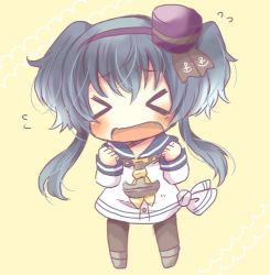 Rule 34 | &gt; &lt;, 1girl, anchor, anchor symbol, angry, black hair, blue sailor collar, chibi, dress, fang, full body, gradient hair, hat, kantai collection, kou hiyoyo, lowres, mini hat, multicolored hair, neckerchief, open mouth, pantyhose, sailor collar, sailor dress, shirt, short hair, short hair with long locks, sidelocks, simple background, solo, standing, tied shirt, tokitsukaze (kancolle), two side up, wavy mouth, yellow background, yellow neckerchief