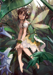 Rule 34 | :d, alternate size, antenna hair, bare shoulders, barefoot, blue flower, breasts, brown hair, commentary, crown, detached sleeves, dew drop, dress, dubu (solidg 72), fairy, fairy wings, flower, frilled dress, frills, grass, green dress, green ribbon, hair between eyes, hair flower, hair ornament, idolmaster, idolmaster (classic), kikuchi makoto, korean commentary, leaf, looking at viewer, mini crown, mini person, minigirl, neck ribbon, open mouth, puffy detached sleeves, puffy sleeves, purple eyes, ribbon, short hair, small breasts, smile, teeth, upper teeth only, v arms, water drop, white flower, white sleeves, wings, wrist cuffs