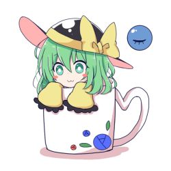Rule 34 | 1girl, :3, black hat, blush stickers, bow, commentary request, cup, eyelashes, frilled sleeves, frills, green eyes, green hair, hair between eyes, hat, hat bow, in container, in cup, komeiji koishi, long sleeves, looking at viewer, mini person, minigirl, mug, shadow, short eyebrows, short hair, simple background, solo, tareme, third eye, touhou, white background, wide sleeves, yellow bow, ying1hua1