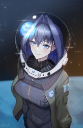 Rule 34 | 1girl, absurdres, black bodysuit, black hair, blue eyes, bodysuit, closed mouth, earth (planet), green jacket, heart, highres, hololive, hololive english, jacket, ouro kronii, planet, reflection, short hair, smile, solo, space, spacesuit, virtual youtuber, zenya