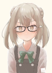 Rule 34 | 1girl, absurdres, bespectacled, bow, bowtie, commentary request, double bun, dress, dress shirt, fyuo, glasses, green bow, green bowtie, hair bun, highres, kantai collection, light brown hair, looking at viewer, michishio (kancolle), michishio kai ni (kancolle), pinafore dress, shirt, short hair, short twintails, simple background, sleeveless dress, solo, twintails, upper body, white background, white shirt